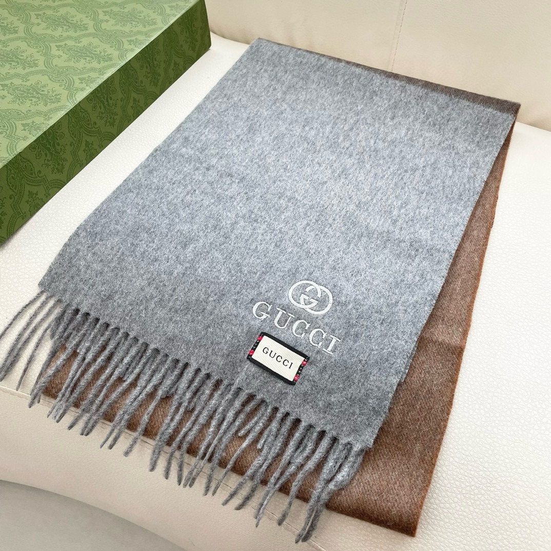 Gucci Cashmere Scarf Colorblock Brown Gray For Women 190cm