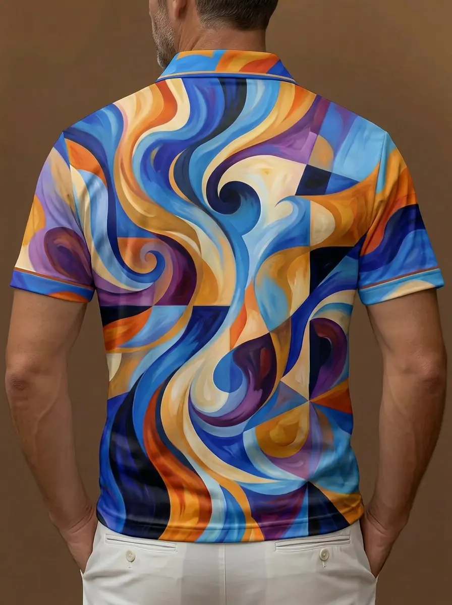 Multicolor Swirl Abstract Print Short Sleeve Golf Polo Shirt