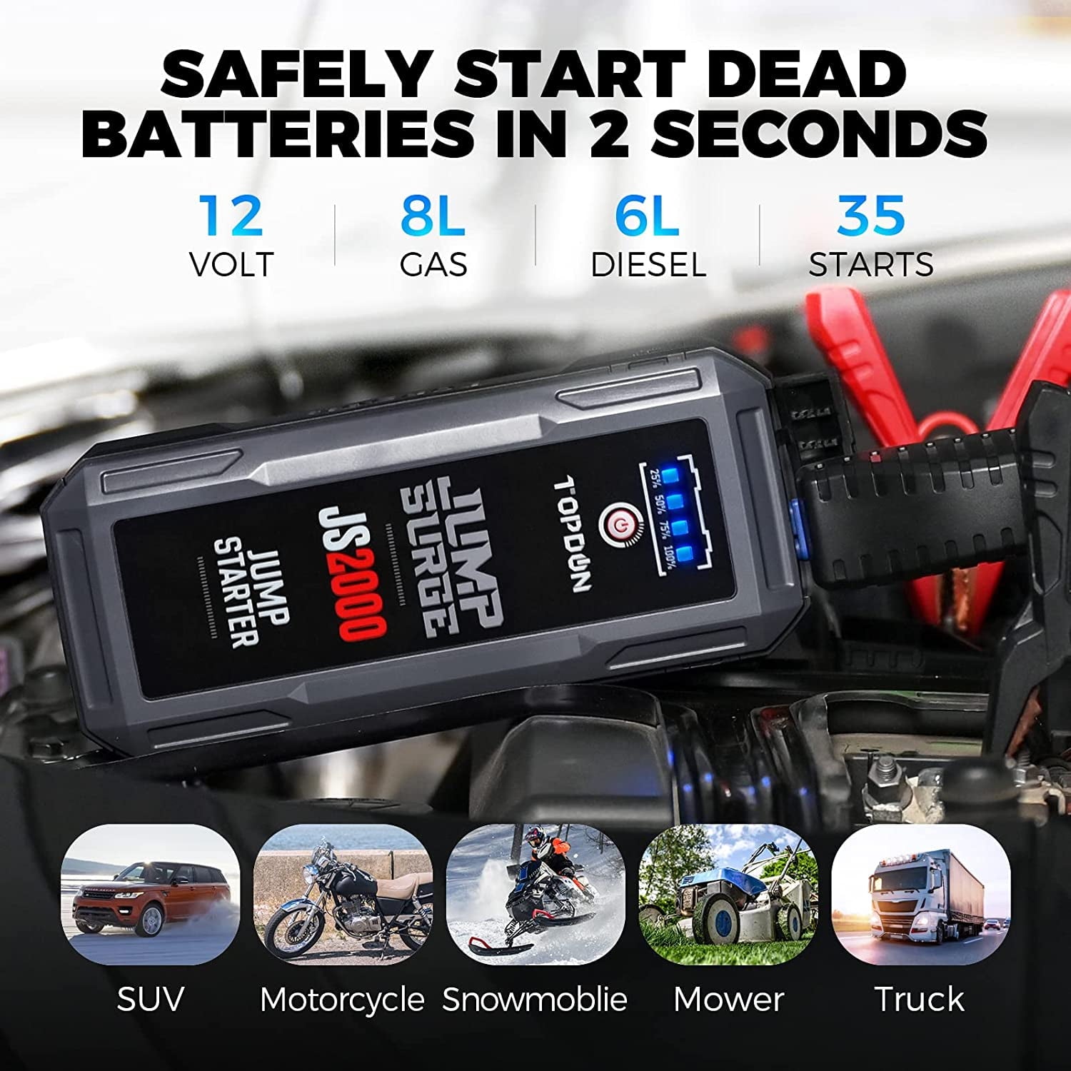 Car Battery Charger Jump Starter, TOPDON JS2000 12V 2000A Peak Battery Jump Start for Up to 8L Gas/6L Diesel Engines