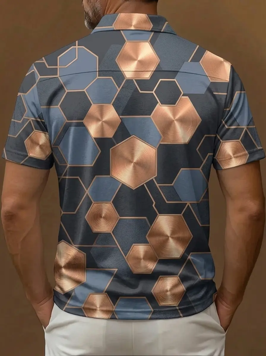 Blue Grey Copper Hexagon Geometric Print Short Sleeve Golf Polo Shirt