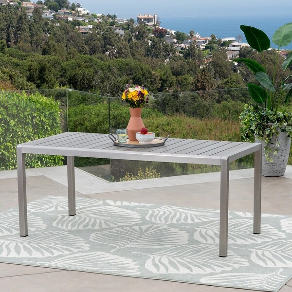 Outdoor Aluminum Dining Table with Faux Wood Top,Gray Finish,Grey