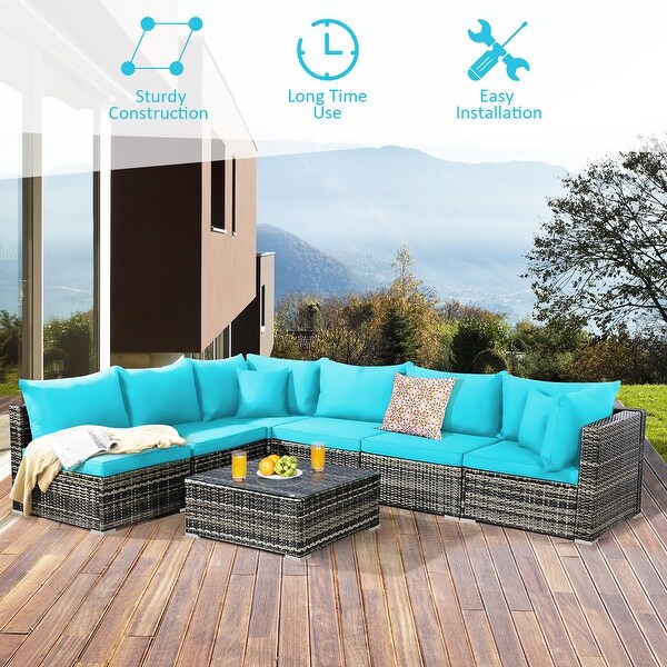 7PCS Patio Rattan Furniture Set Sectional Sofa Garden Cushion