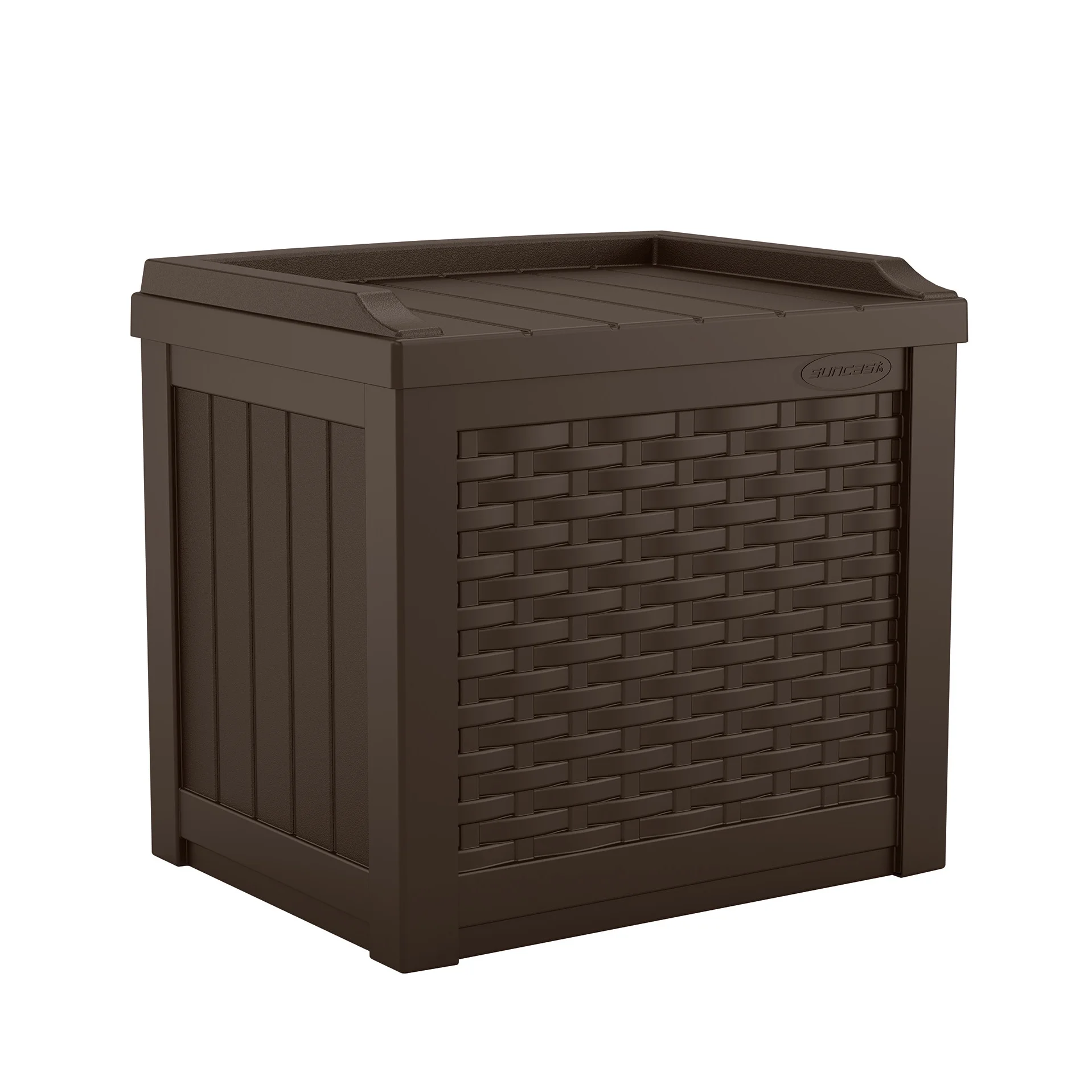 Suncast 22 Gallon Outdoor Resin Wicker Deck Storage Box with Seat, Java Brown