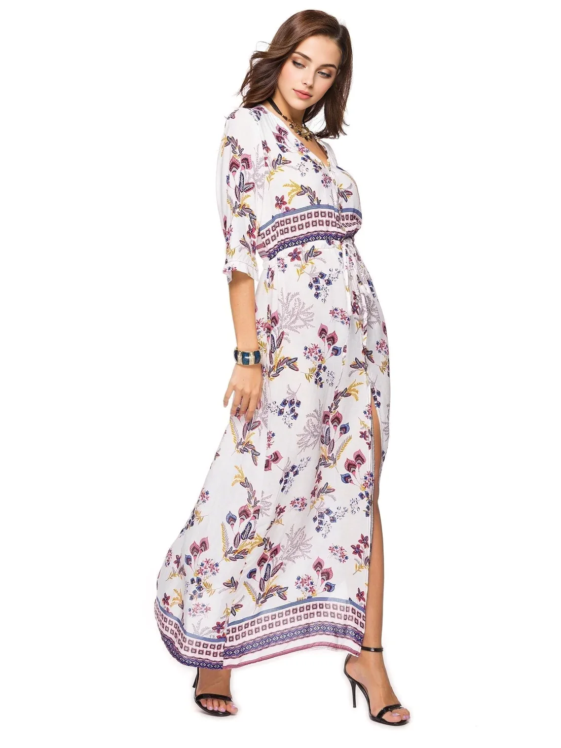 Floral Maxi Dress with Slit & V-NeckClistos