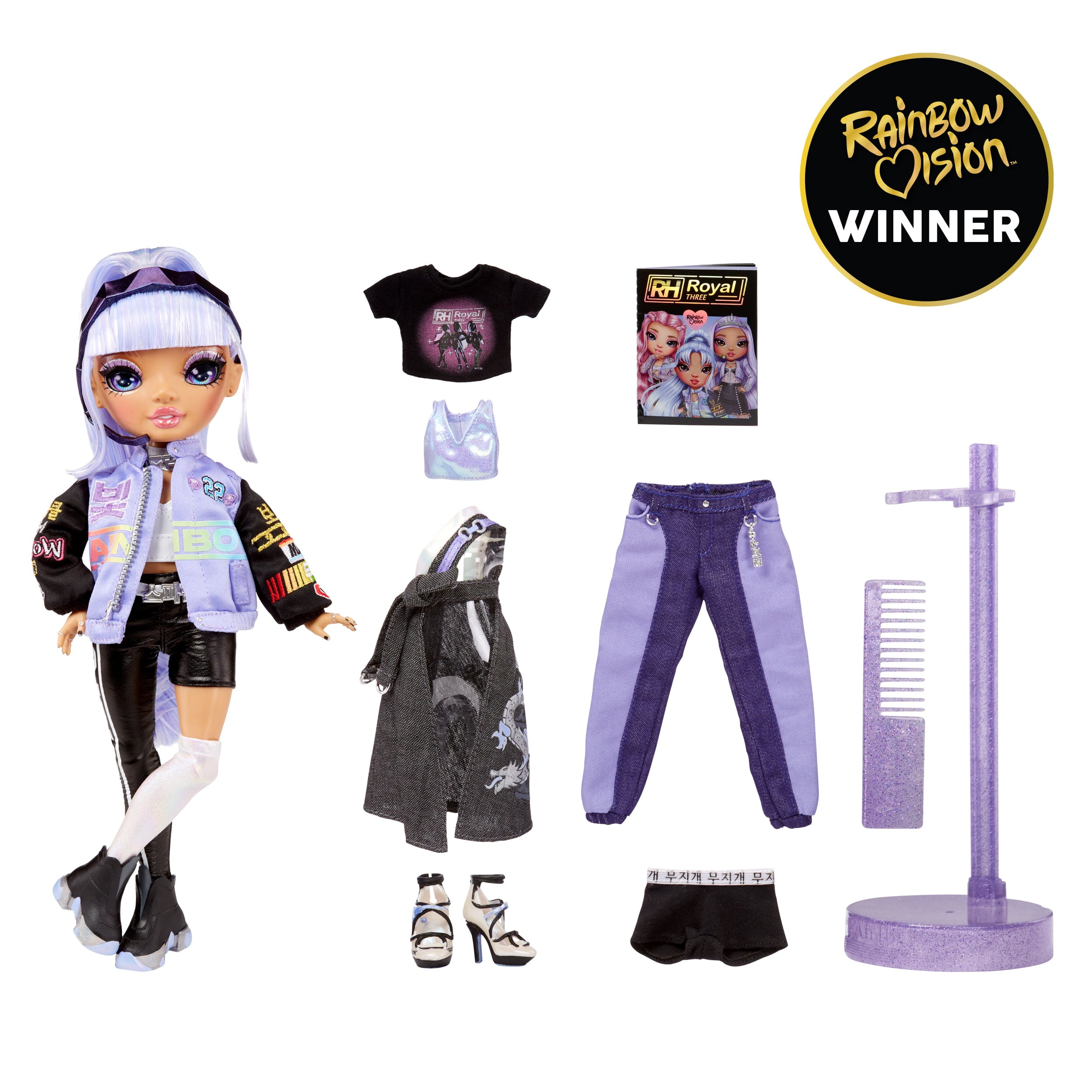 Rainbow HighTM Rainbow VisionTM Royal Three K-pop �C Tessa ParkTM (Periwinkle Blue) Fashion Doll. 2 Designer Outfits to Mix & Match with Microphone Headset & Band Merch PLAYSET, Great Gift for Kids 6-12 Y