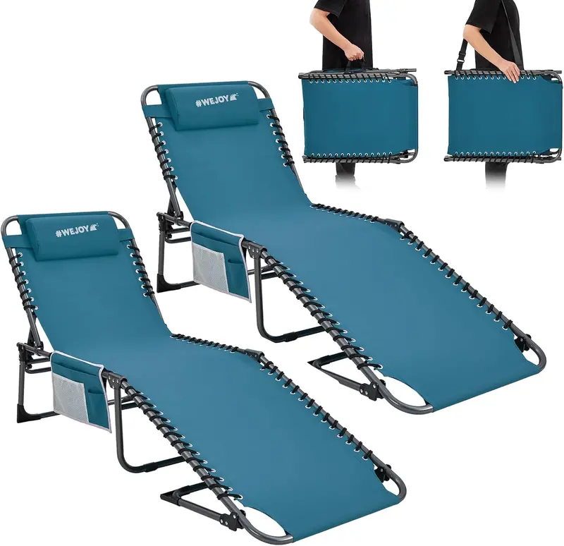 Two-Pack Portable Folding Chaise Lounge – 5-Position Adjustable Recliner with Side Table, Carry Strap, and Pillow