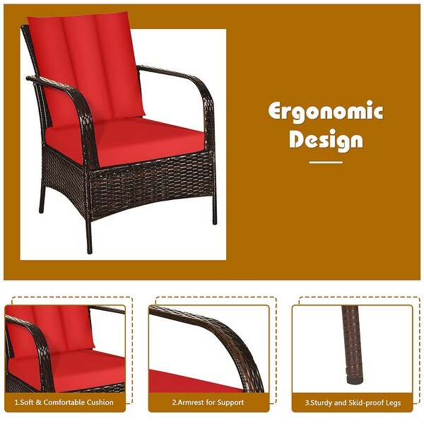 3 PCS Patio Furniture Set 2 Rattan Chairs and Glass Top Coffee Table