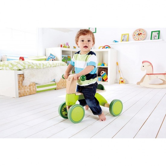 Scoot Around Ride On Wood Bike | Award Winning Four Wheeled Wooden Push Balance Bike Toy for Toddlers with Rubberized Wheels, Bright Green