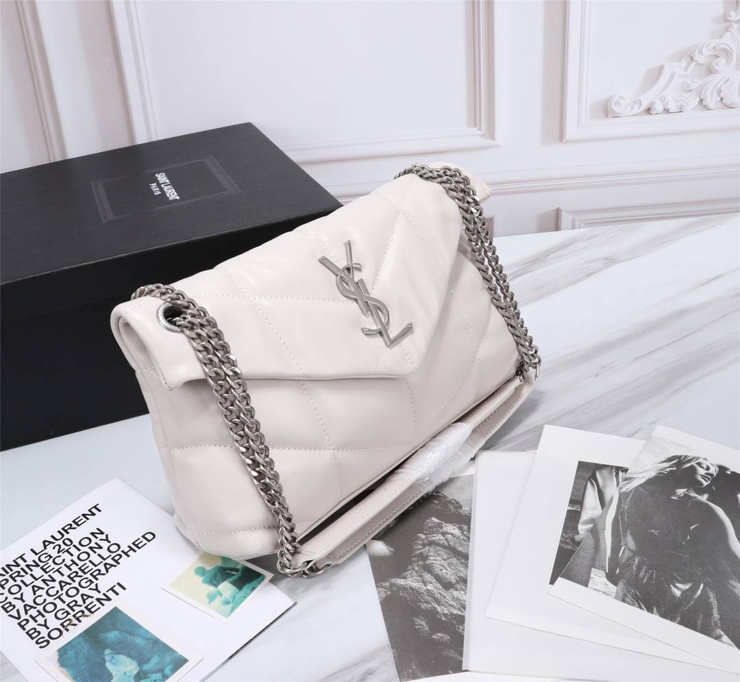 Saint Laurent Loulou Small Chain Bag In Matelasse Y White Silver 29Cm