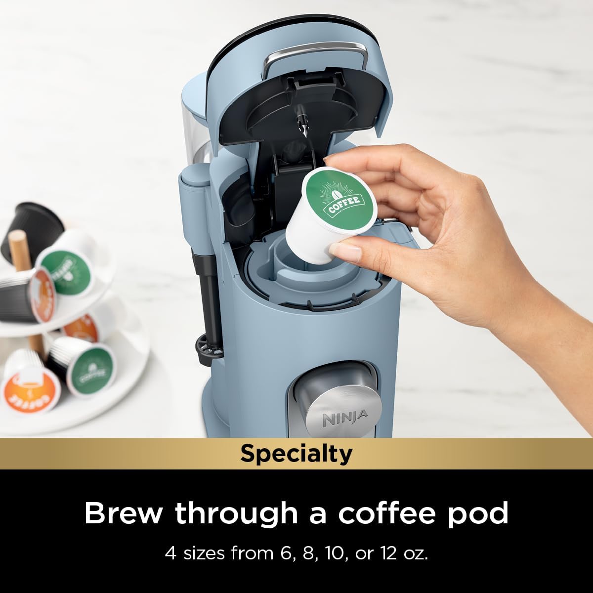 Ninja Pod & Grounds Specialty XL Single-Serve Coffee Maker, K-Cup Pod Compatible, Brews Grounds, Compact Design, Built-In Milk Frother, 68-oz. Reservoir, 6-oz. Cup to 24-oz. Mug Sizes, Stone, PB055AST