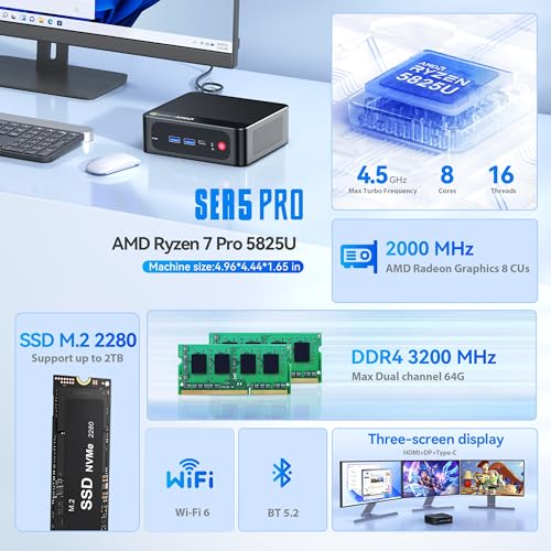 Beelink Mini PC AMD Ryzen 7 5825U Up to 4.5GHz 8C/16T, SER5 32GB RAM 500GB SSD Graphics 8core 2000 MHz, M2 SSD NVME 2280 Mini Computer WiFi 6/BT5.2/HDM/DP/USB3.2,Home/Office
