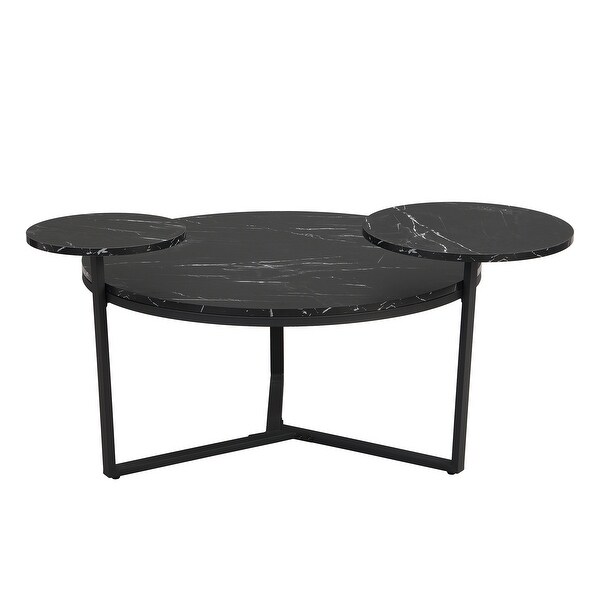 Modern coffee table with two display shelves,Black Faux marble surfaces,Tripodinspired base and Rounded tabletop edges