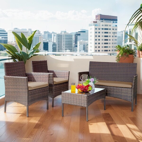 4 Piece Patio Conversation Wicker Furniture Set,Outdoor Rattan Sectional Furniture Set With Cushions