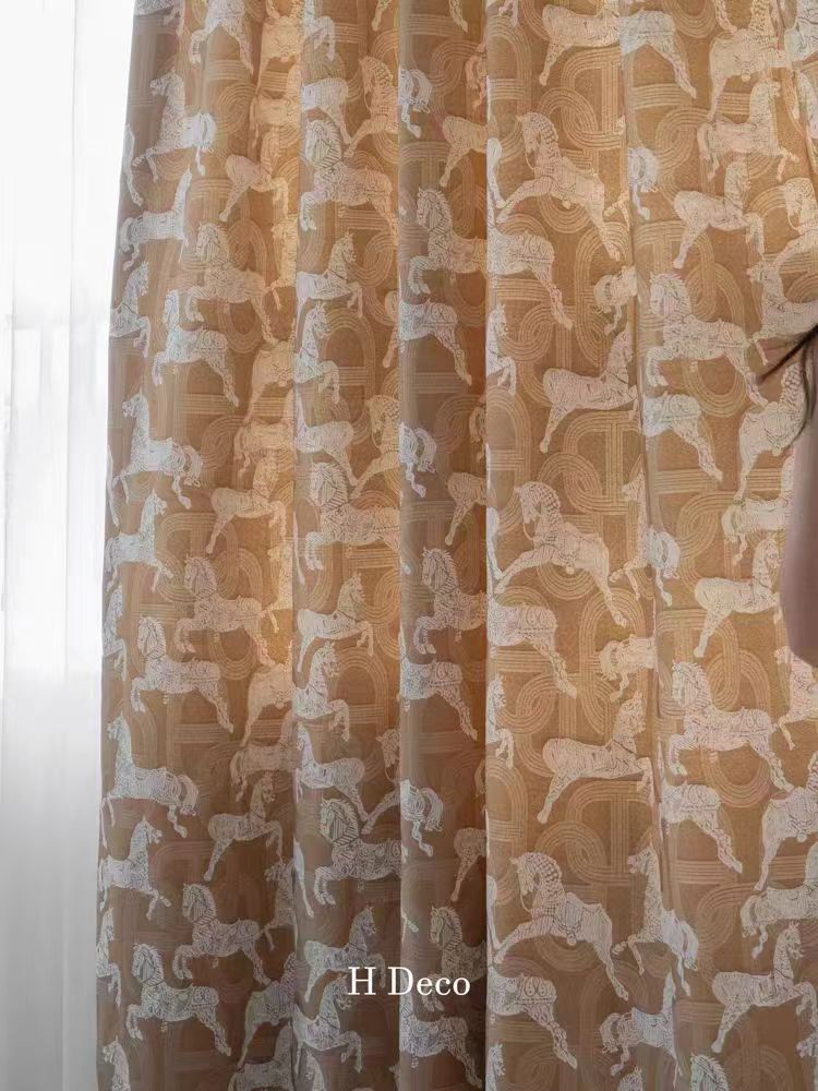 FA003 - Royal Horse Jacquard Embroidery Plant Velvet Weaving Wheat Cream Translucent Floor-to-Ceiling Curtains