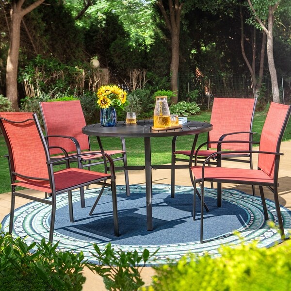 MAISON ARTS 5Piece Patio Dining Set,Geometrically Stamped Round Table and 4 Textilene Dining Chairs
