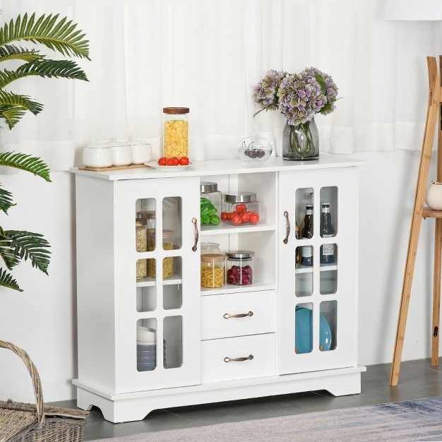 Homcom Modern Storage Console Cabinet With 2 Framed Glass Doors And 2 Drawers For Kitchen Or Living Room