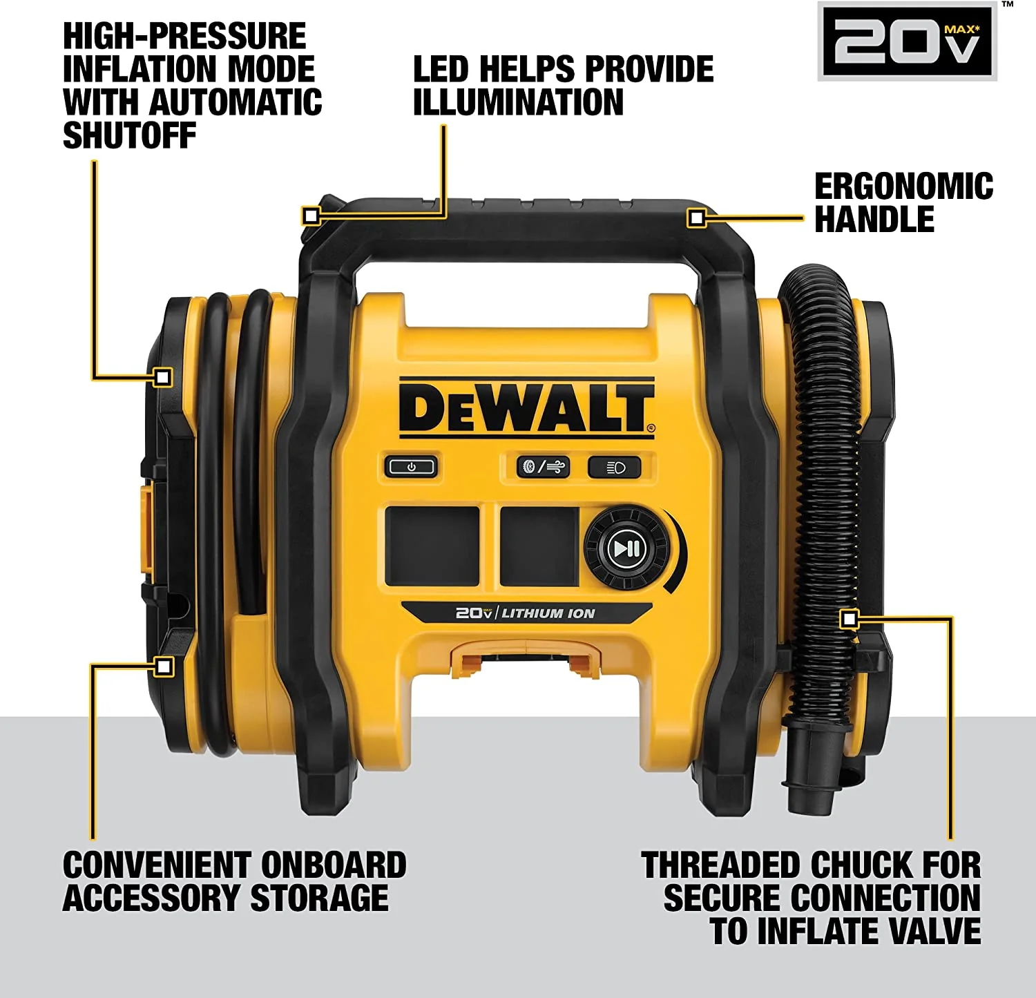 2026 ITEM# 0177   DEWALT 20V MAX Tire Inflator, Compact and Portable, Automatic Shut Off, LED Light, Bare Tool Only (DCC020IB) Battery & Charger Not Included (Watch Video)