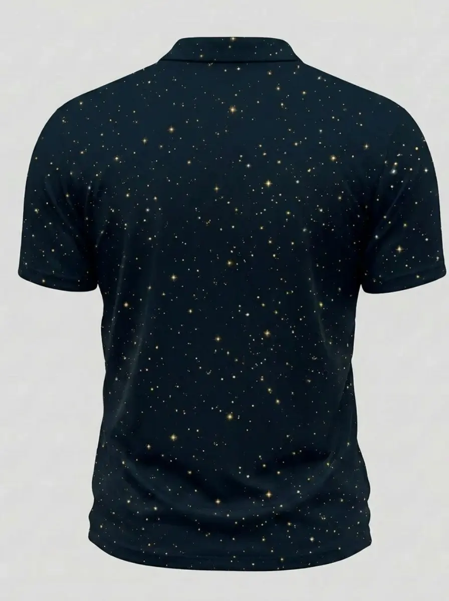Moisture Wicking Golf Polo 3D Navy Blue Gold Starry Sky Pattern Button Short Sleeve Golf Polo Shirt