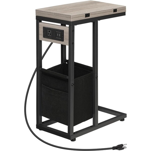 C Shaped Side Table with Charging Station,End Table,Greige and Black