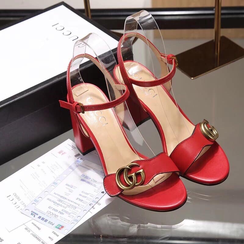 Gucci Leather Mid Heel Sandal Red