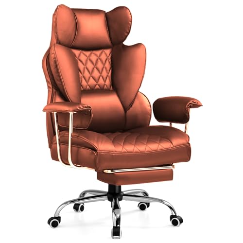 COMHOMA Big and Tall Office Chair, High Back Leather Gaming Chair with Footrest, Executive Ergonomic Office Chair with Pocket Spring Lumbar Support and with Outward Fixed Soft Armrests
