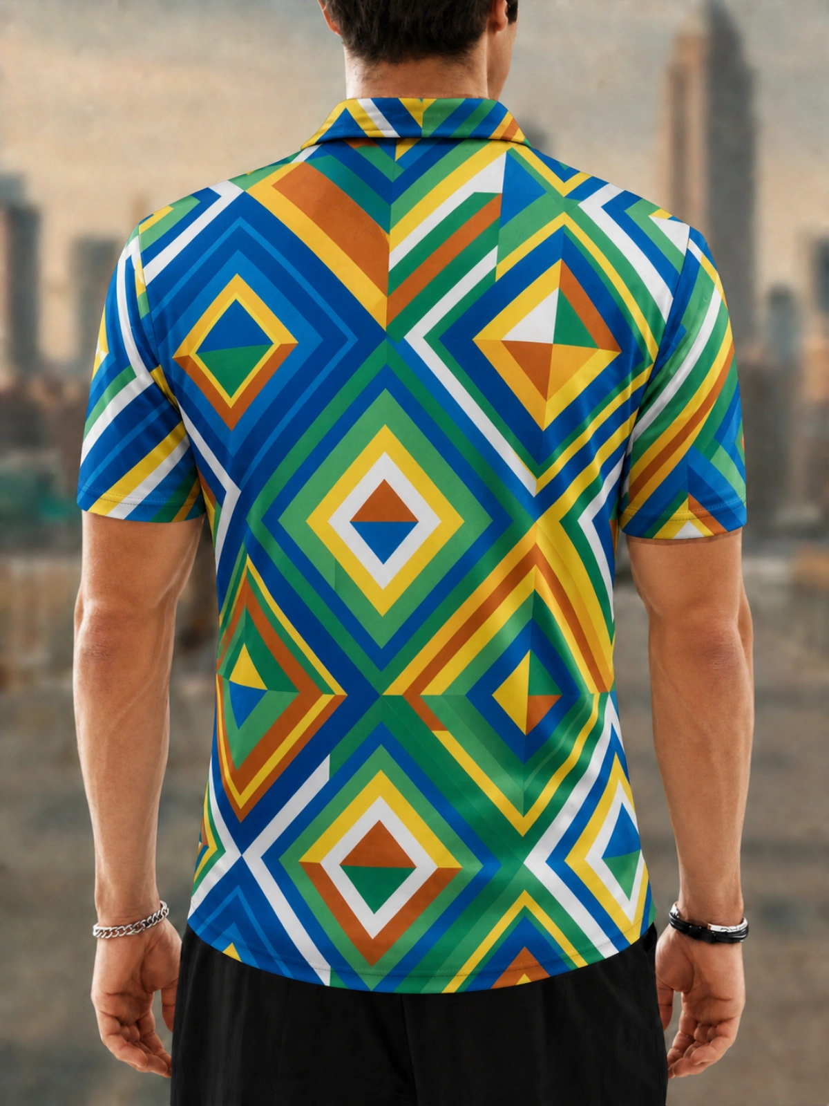 Moisture Wicking Golf Polo 3D Multicolor Concentric Diamond Geometric Button Short Sleeve Golf Polo Shirt