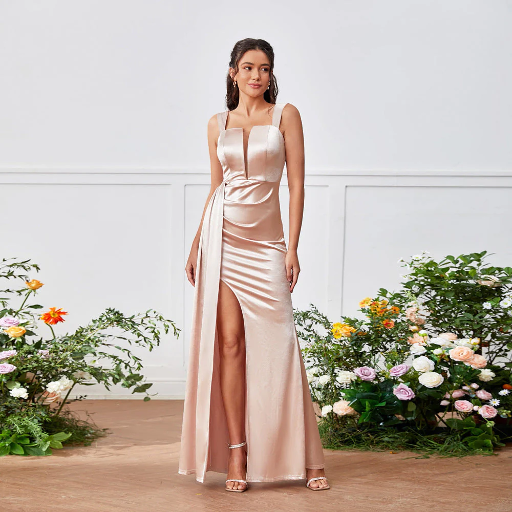Plunging Square Neck Maxi Dress with High SlitClistos