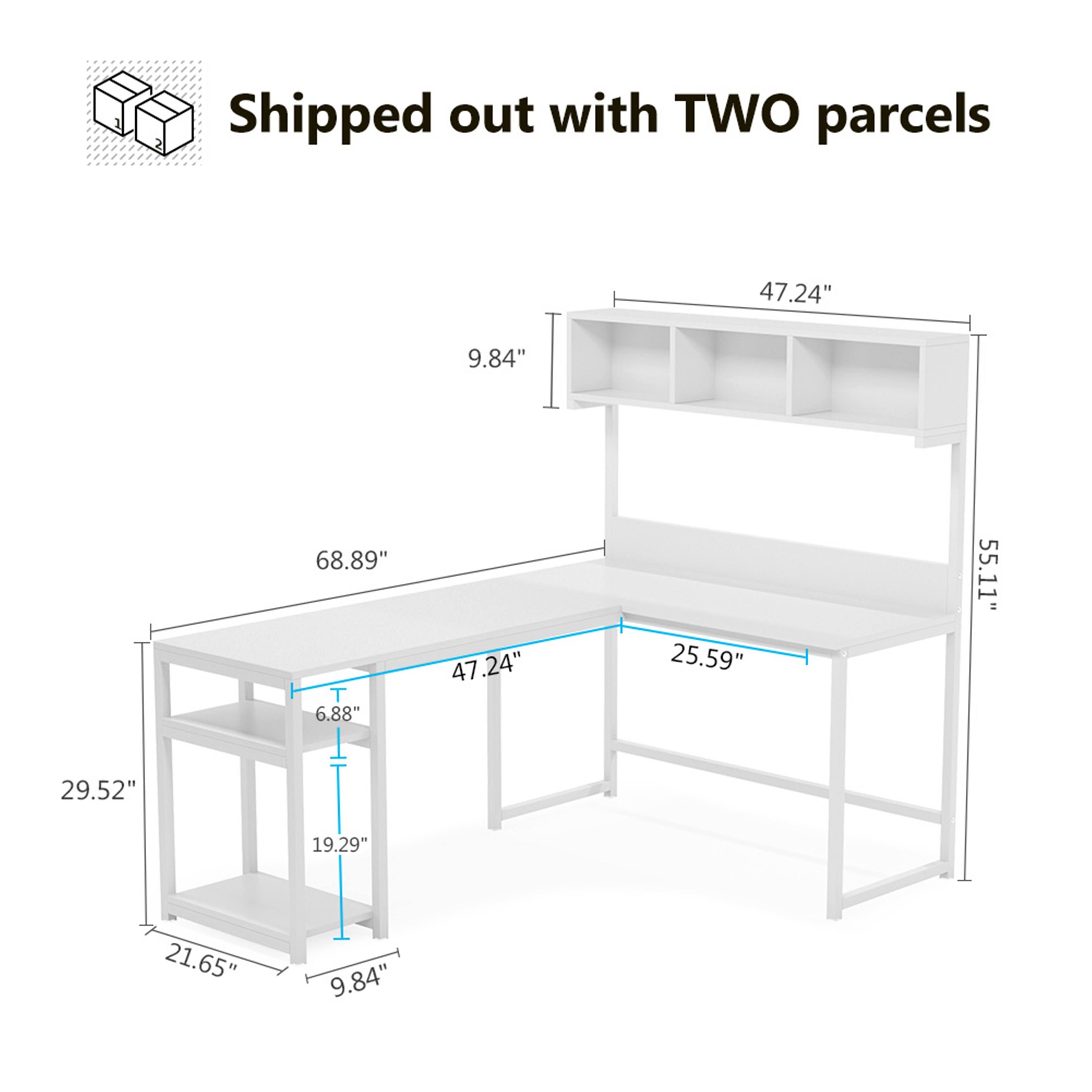LShaped Computer Desk with Hutch Shelves, Writing Desk - Brown