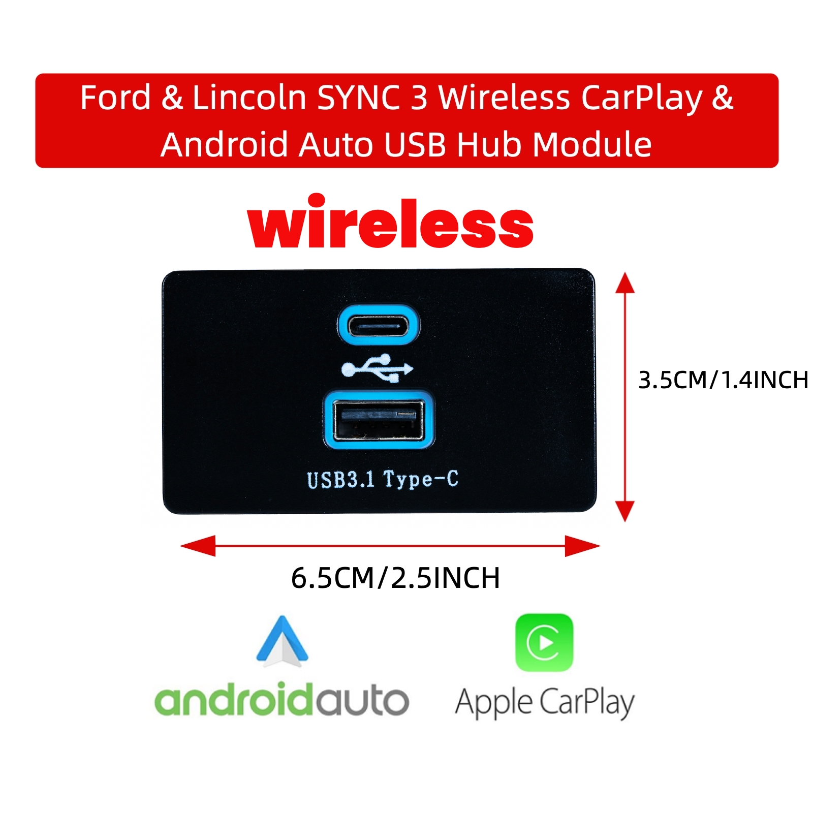 OEM Ford & Lincoln USB-C Hub Upgrade | LED Backlit Media Module | Supports Wireless CarPlay & Android Auto for Sync 3 & Sync 4 | Plug & Play