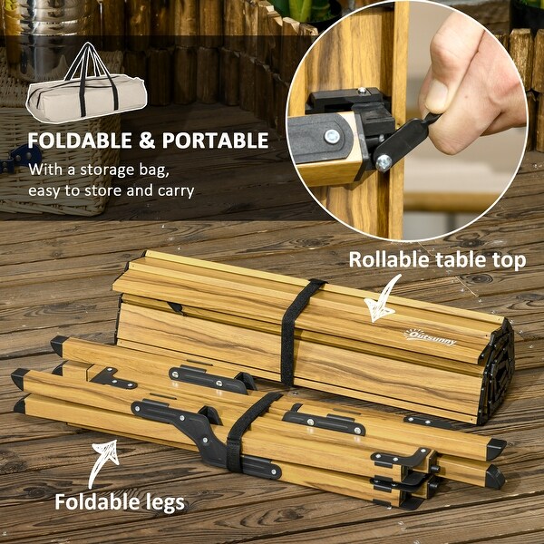 Outsunny 4ft Aluminum Camping Table,Folding RollUp Picnic Table with Carry Bag,Waterproof and Woodgrain Finish