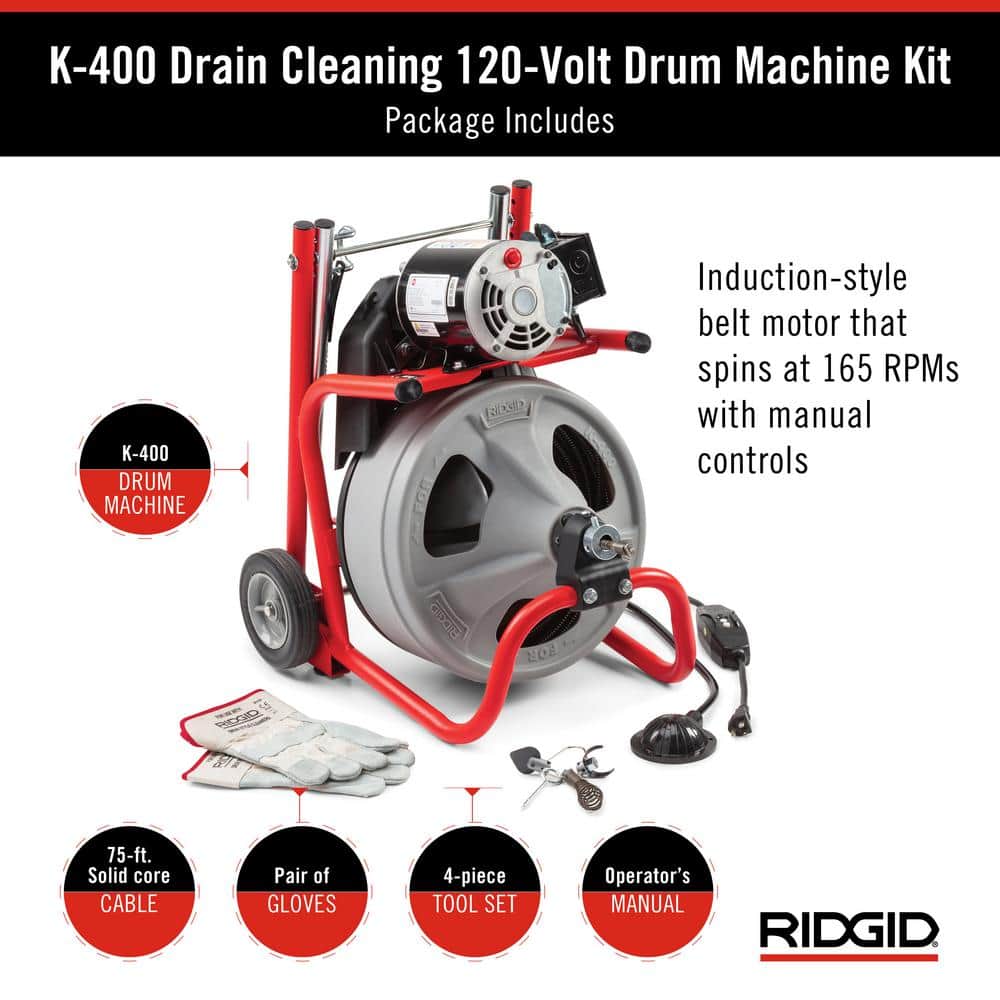 Ridgid K-400 Drain Cleaning Snake Auger 120-Volt Drum Machine with C-32IW 3/8 in. x 75 ft. Cable + 4-Piece Tool Set & Gloves 52363