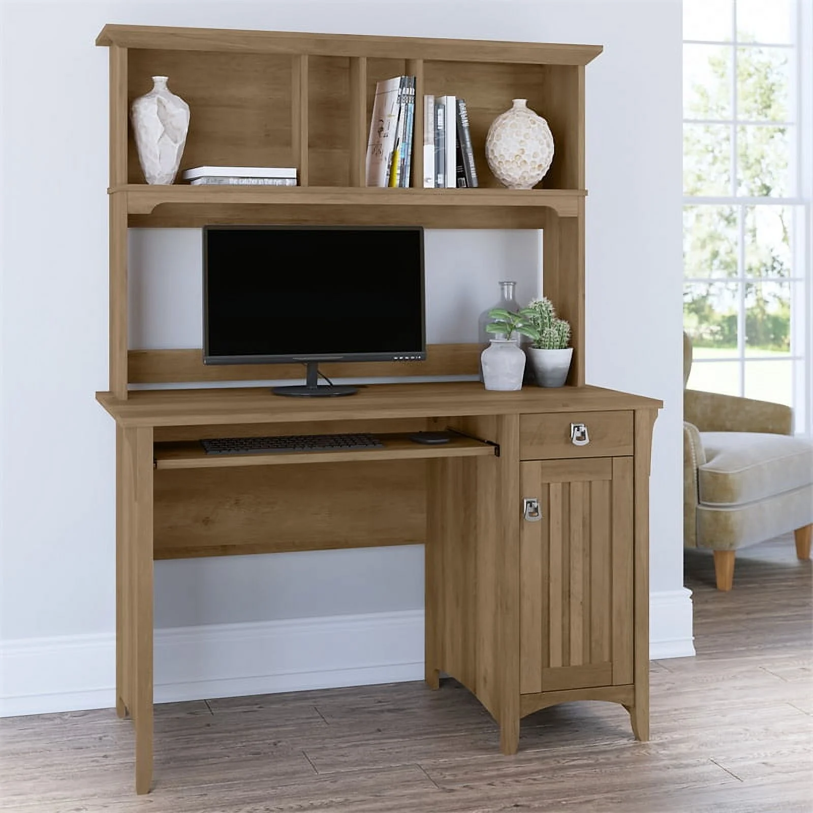 Pemberly Row Small Computer Desk with Hutch in Reclaimed Pine