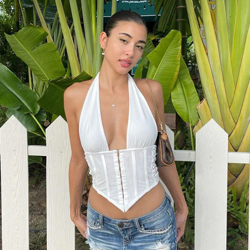 Lace-Up Backless Halter Crop TopClistos