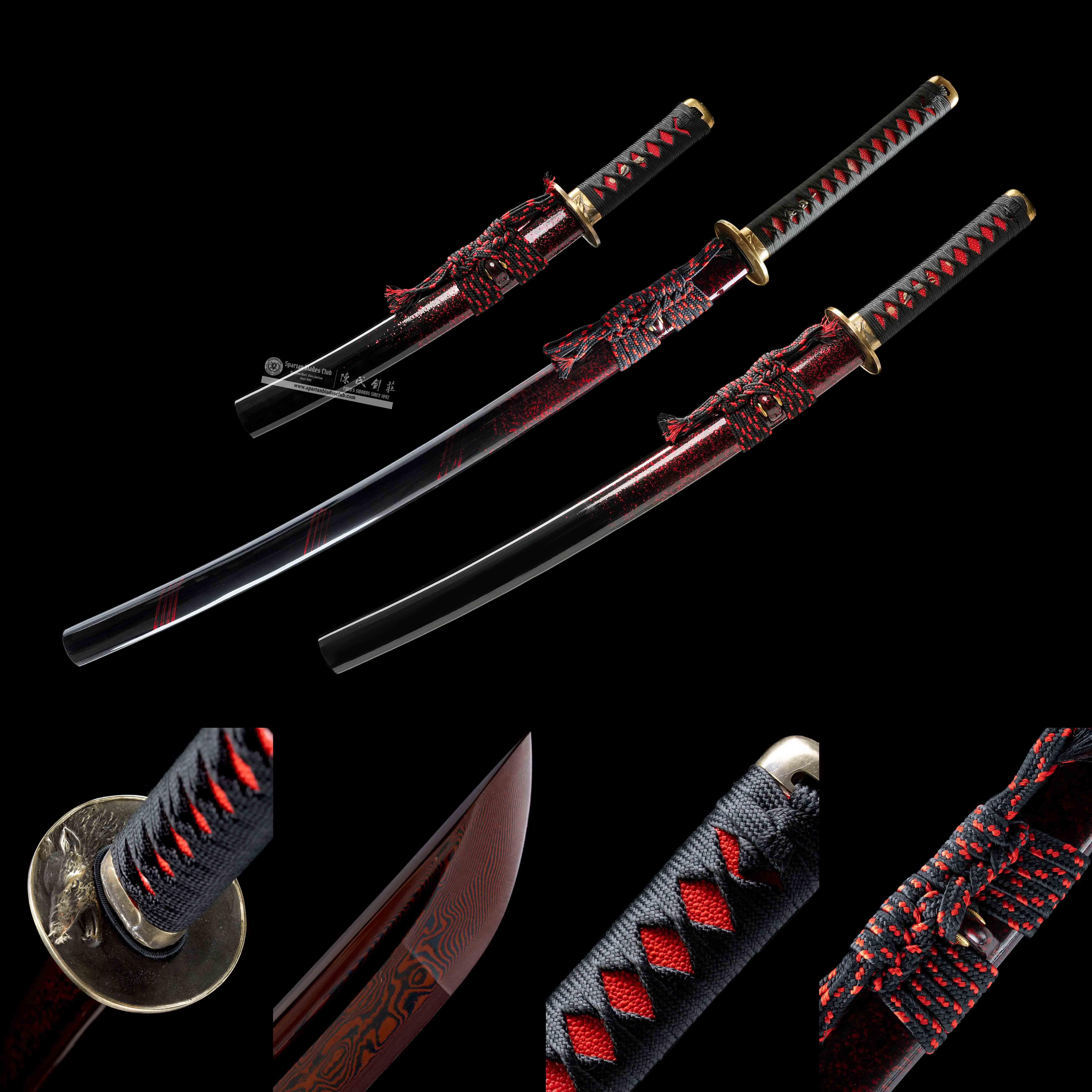 HY33｜🔥Bloody Wolf Samurai - Chilang｜Daisho set｜Katana｜Wakizashi｜Tanto｜Damascus steel｜Heat-colored red｜Black&red｜wolf｜Battle-Ready｜Full-tang｜Spartan Blades Club｜CHEN'S SWORDS 1892 - Spartan Blades Club - 陳氏劍莊1892