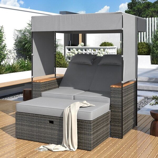 2Piece Rattan Outdoor Patio Lounge Bed with Roof,Protection Fabric and Waterproof Cushions and Adjustable Backrest