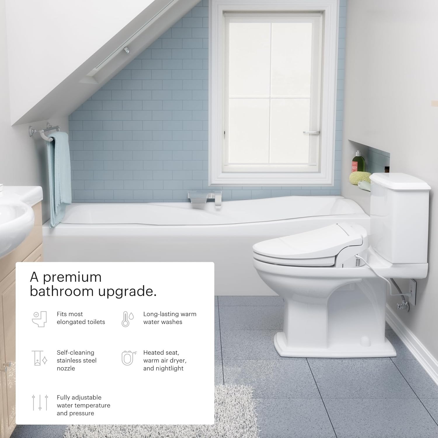 Elongated Electric Bidet Toilet Seat with Heated Seat & Oscillating Nozzle, Warm Air Dryer