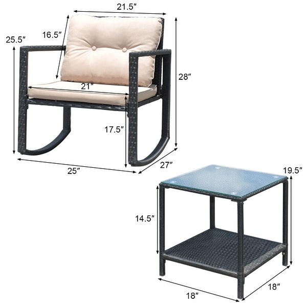 Costway 3PC Patio Rattan Conversation Set Rocking Chair Cushioned Sofa