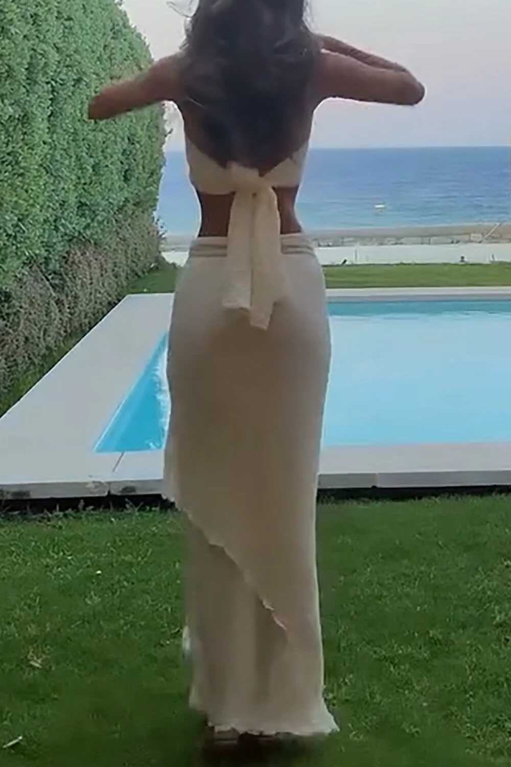 Cross Halter Crop Top Tiered Semi Sheer Maxi Skirt Set - Beige Pre OrderClistos