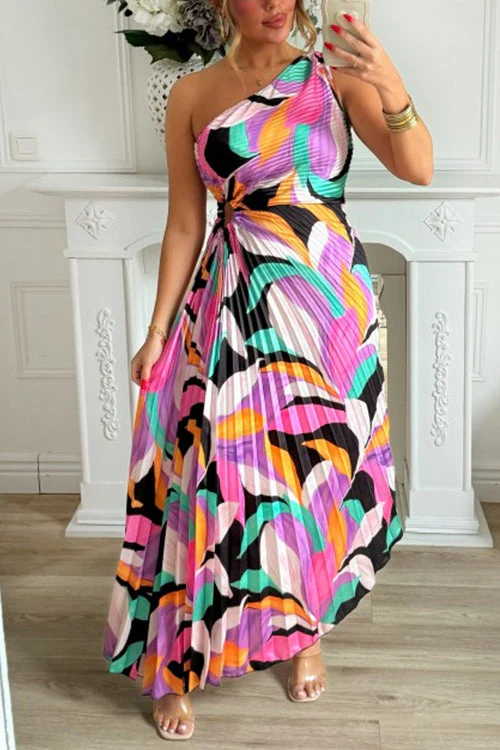 One Shoulder Pleated Maxi Dress | Abstract PrintClistos