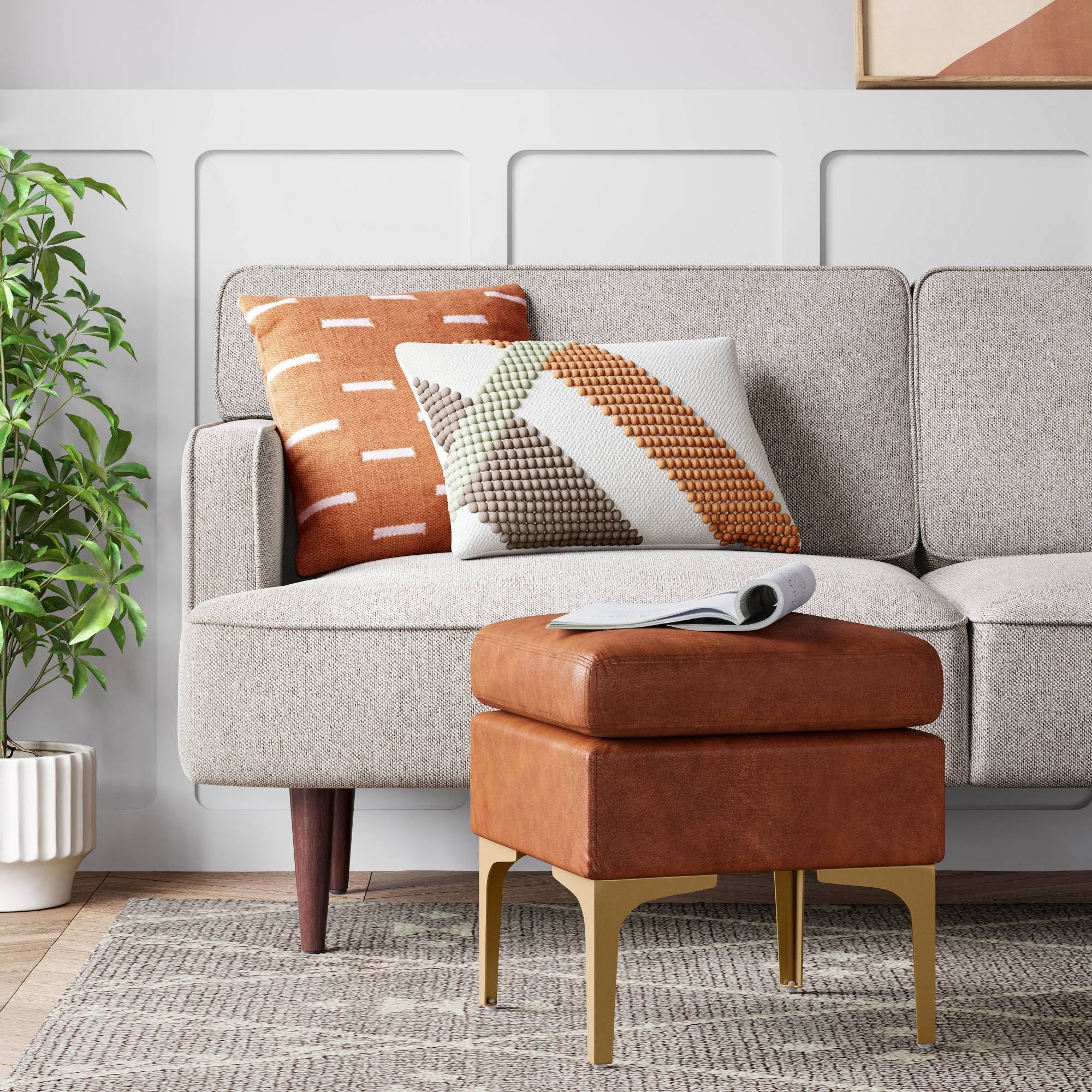 Joslyn Brass Leg Ottoman Caramel Faux Leather - Project 62