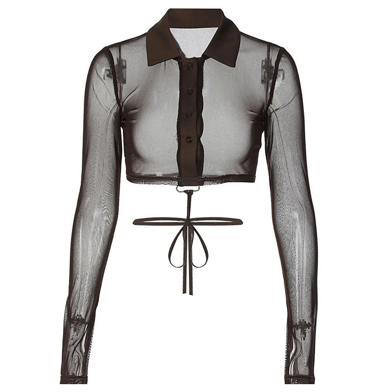 Button Up Pointed Collar Long Sleeve Crop Shirt- BrownClistos