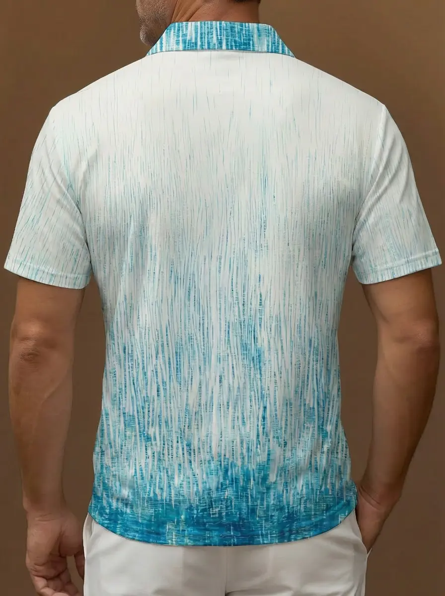 White Cyan Blue Vertical Brushstroke Gradient Pattern Button Short Sleeve Golf Polo Shirt