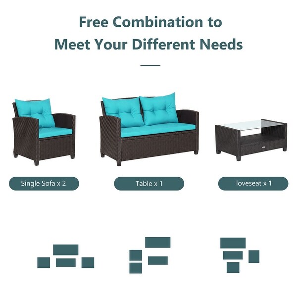 Costway 4 PCS Patio Rattan Furniture Set Glass Table Shelf Sofa