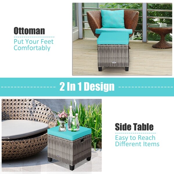 Costway 2PCS Patio Rattan Cushioned Ottoman Seat Foot Rest Table