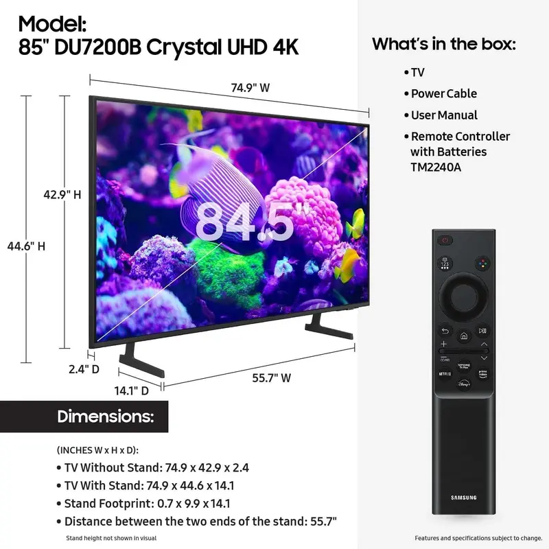 Samsung 85″ DU7200B Crystal UHD 4K Smart TV – 2024 Model, PurColor, HDR, Tizen OS, Sleek Bezel-Less Design