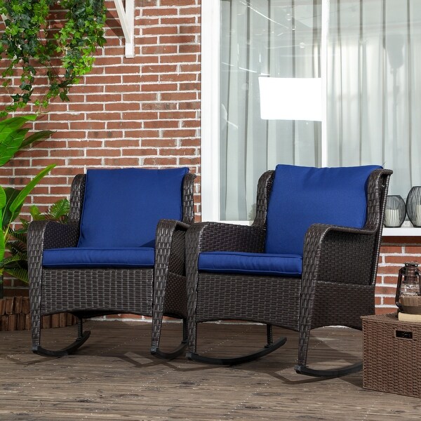Outsunny Outdoor Wicker Rocking Chair Set of 2 with Wide Seat,Thick Cushions,Rattan Rockers with Steel Frame,High Weight