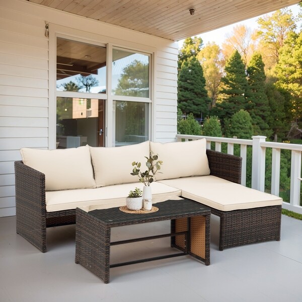 3 Pieces Patio Conversation Set,All Weather Outdoor PE Rattan Wicker Furniture Set with Cushions,Tempered Glass Coffee Table