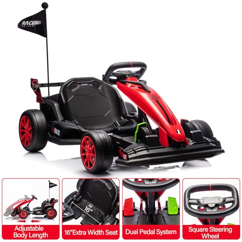 24V Kids Ride on Go Kart, 7.5mph Variable High Speed Drifting Car, 7ah Battery 200W*2 Motors,Length Ajustable Max Load 135lbs, Power Display Racing Toy for for Kids Child 6+,White