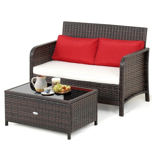 Costway 2PCS Patio Rattan Wicker Loveseat Coffee Table Set Cushioned