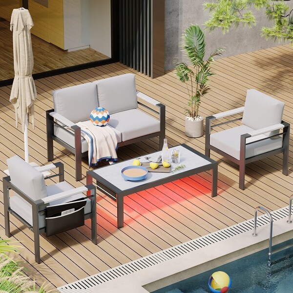 4Piece 4 Person Aluminum Patio Conversation Set with Cushions LED Coffee Table and Loveseat